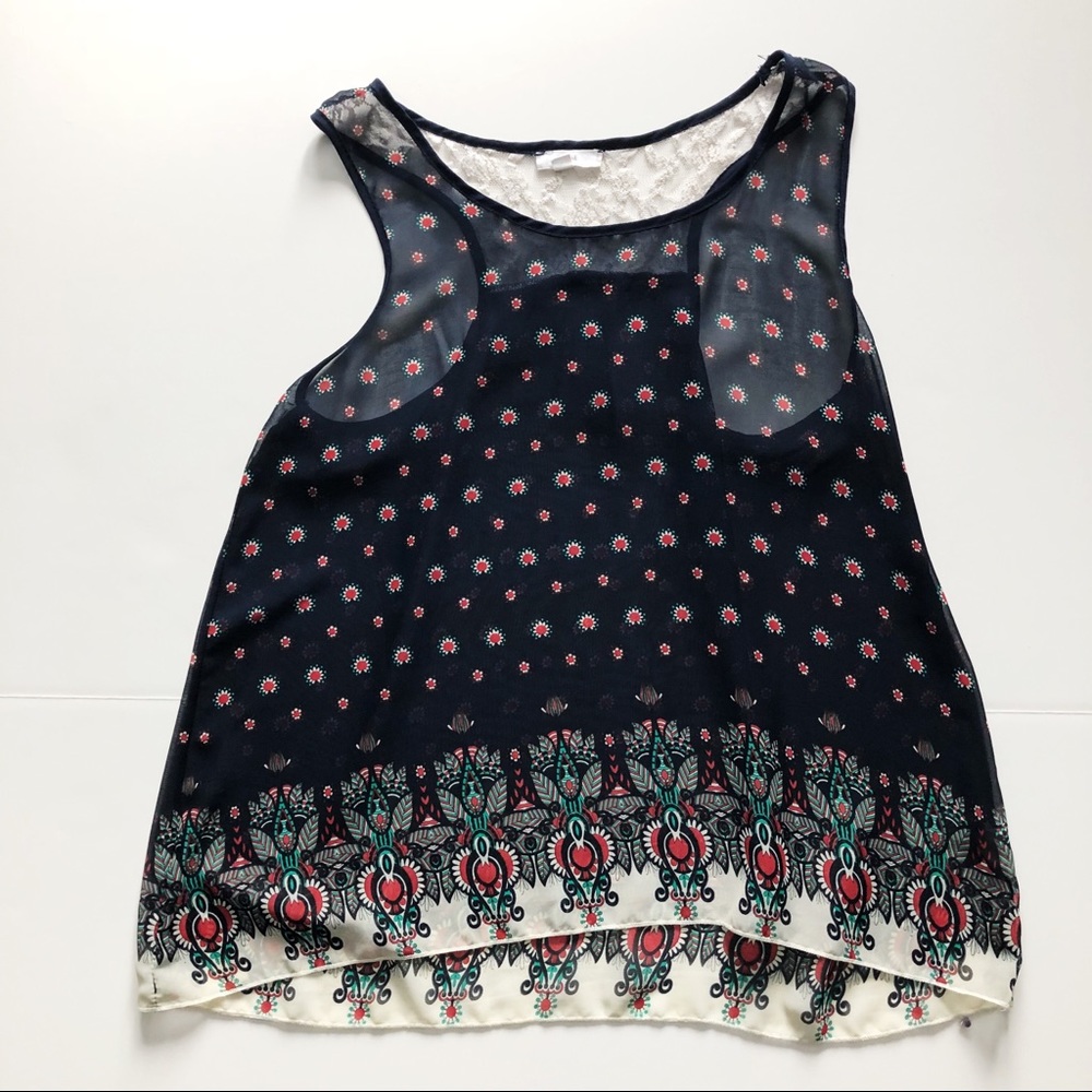 Sheer navy tank top with lace back detail. Size L